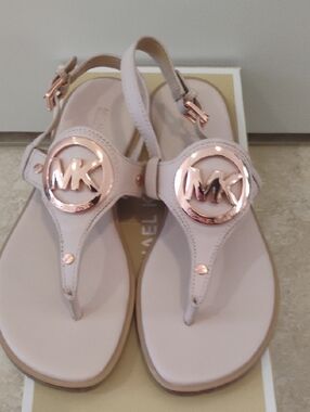 Michael Kors Blush Leather Logo Thong Sandals with Rose Gold Accent